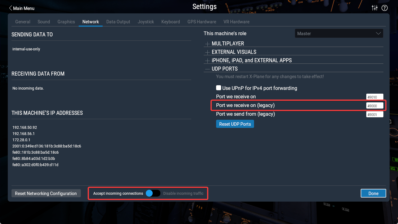 X-Plane Network Settings